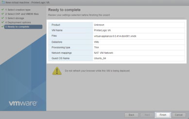 ESXi wizard summary settings with the Finish button highlighted in the lower right. 